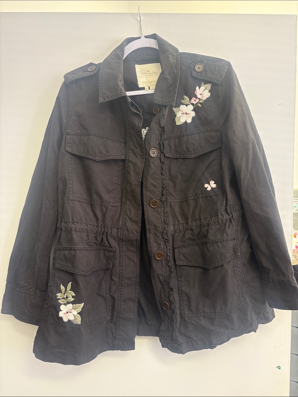 KATE SPADE Embroidered Utility Jacket in black with Floral Accents